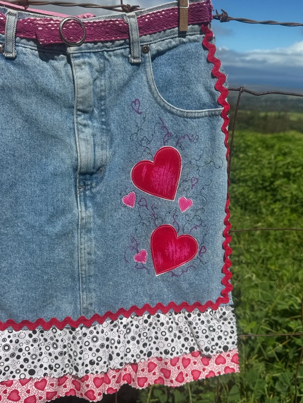 Handmade heart denim jean apron embroidered ruffles cottage farmhouse
